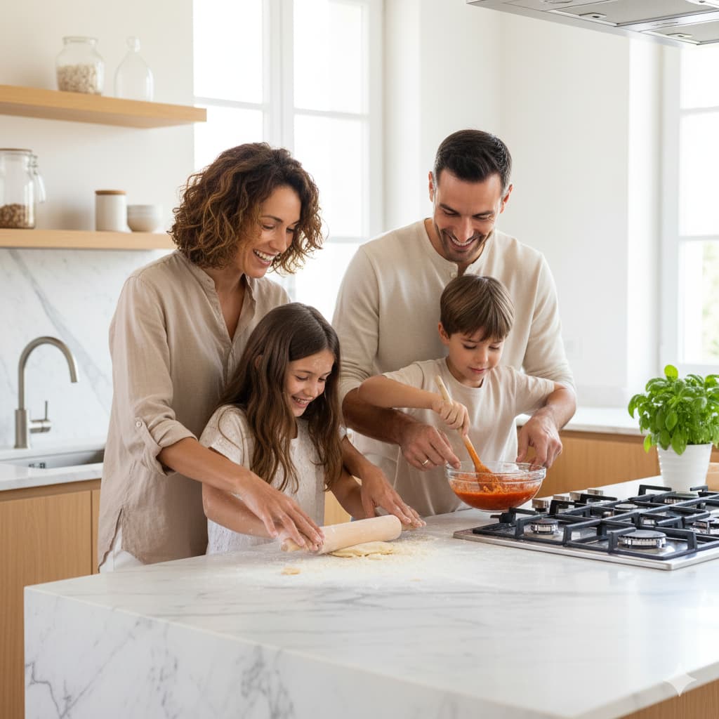 Famiglia in casa con domotica integrata