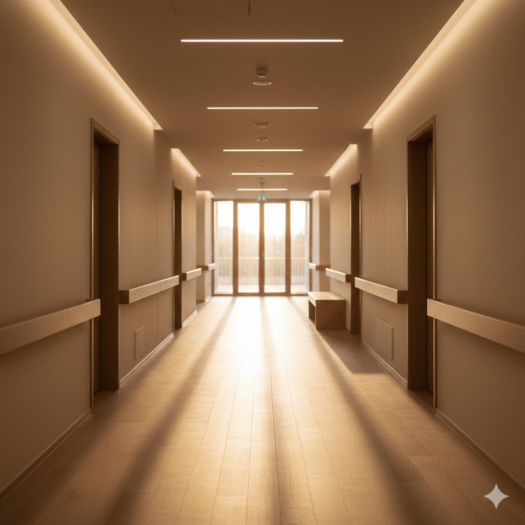 Corridoio tranquillo di struttura residenziale per anziani
