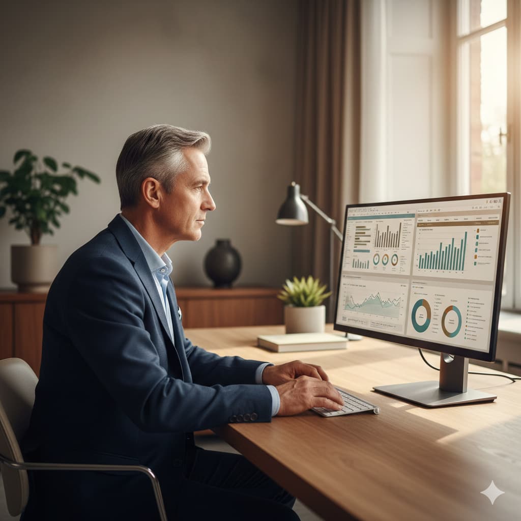 Direttore sanitario analizza report e KPI su schermo