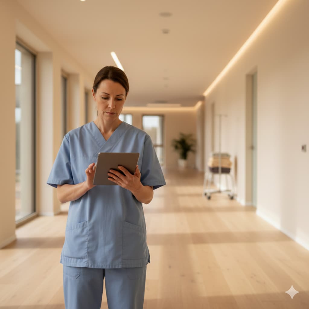 Operatrice sanitaria consulta tablet in corridoio di struttura assistenziale
